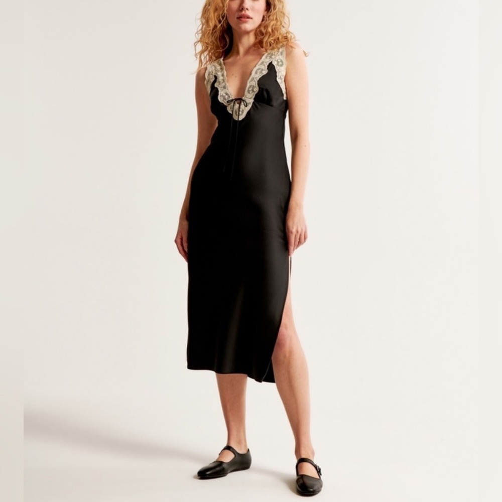 Abercrombie Black Slip Dress White lace Accents
